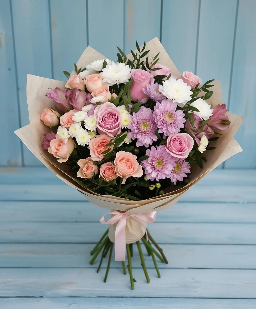 Букет цветов из: Хризантемы, Розы и Альстромерии в Савинский