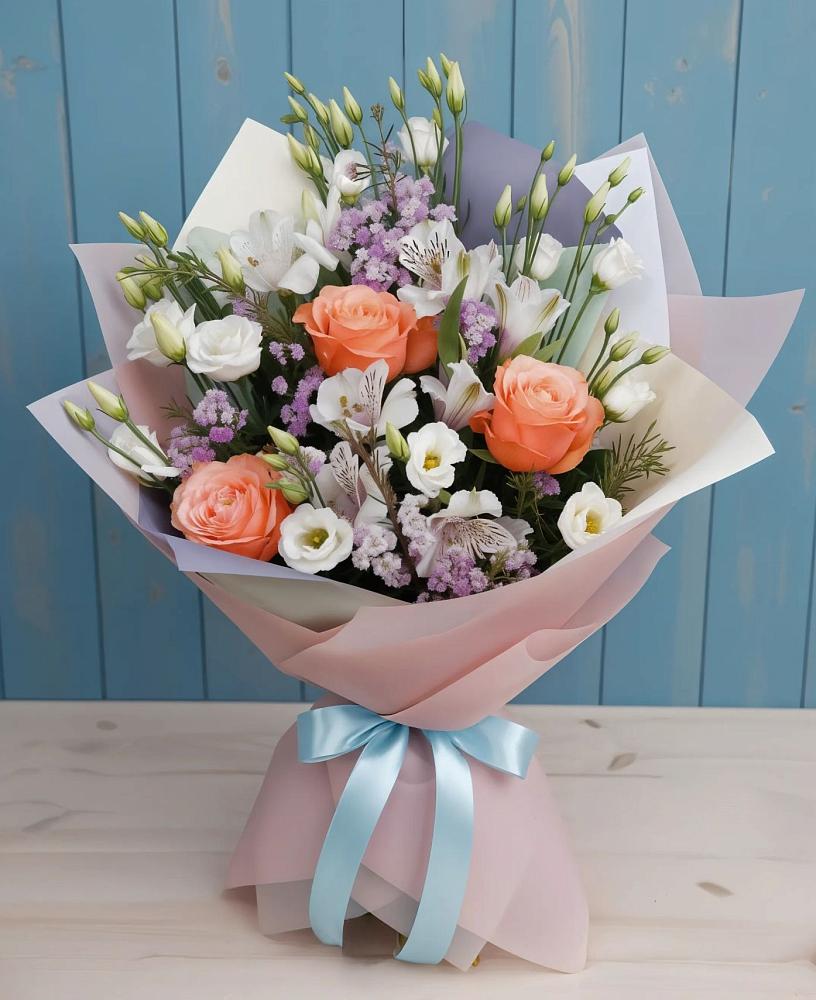 Букет цветов из: Лизиантусы, Розы, Альстромерии и Гипсофила в Савинский