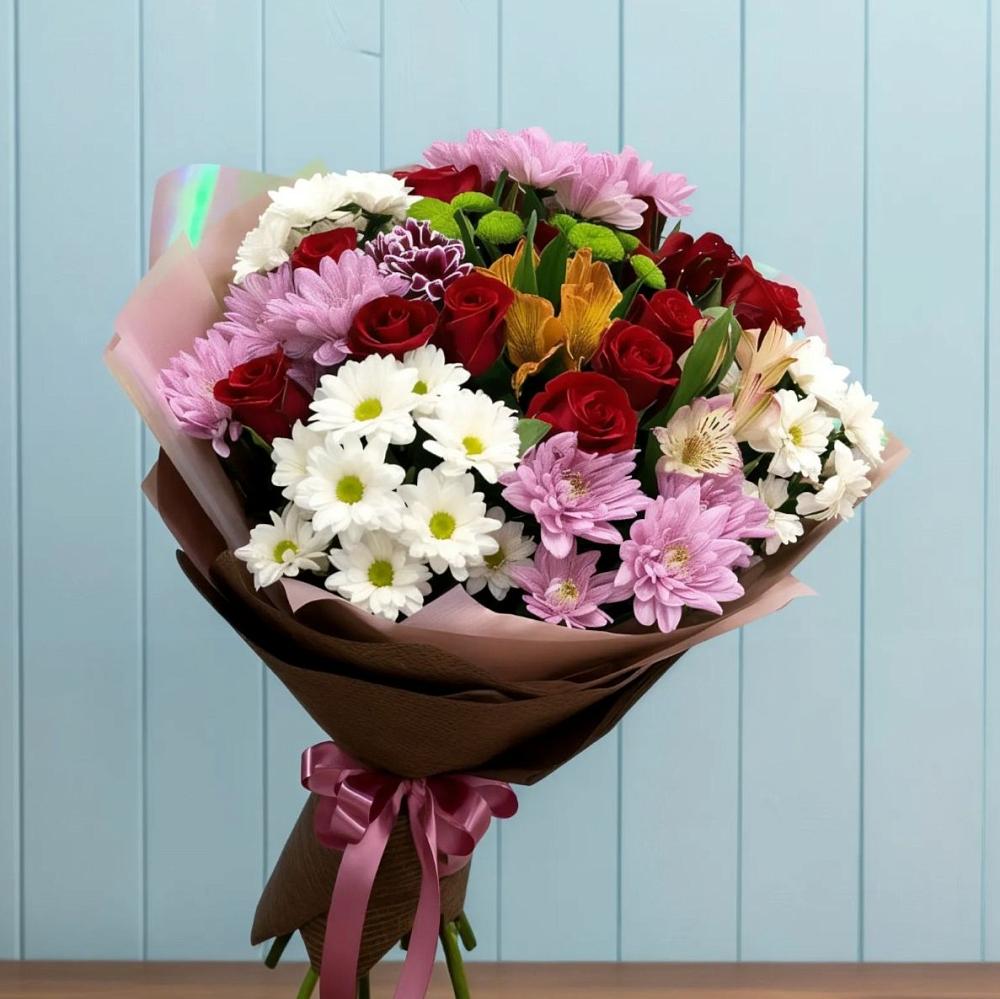 Букет цветов из: Розы, Хризантемы и Альстромерии в Савинский