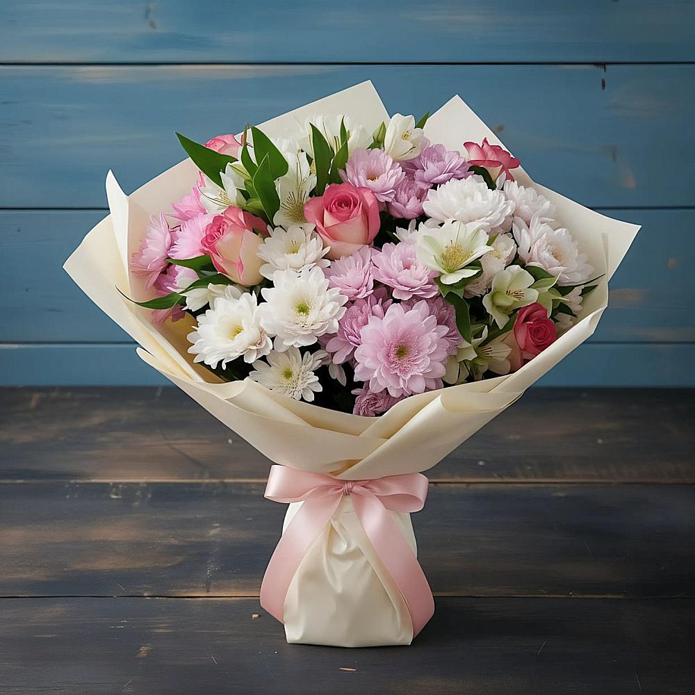 Букет цветов из: Хризантемы, Альстромерии и Розы в Савинский